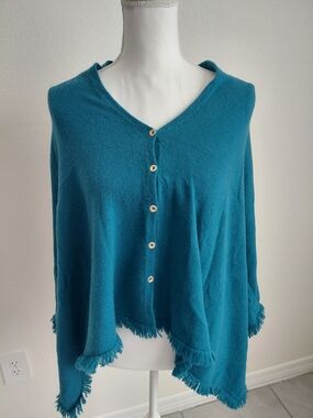 Lilly Pulitzer 100% Cashmere Teal Blue Fringe Button-Front Poncho Wrap - OS
